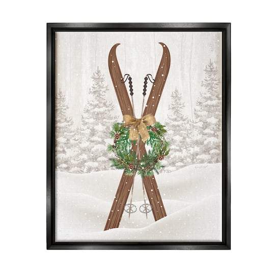 Stupell Industries Winter Skis Holiday Wreath Framed Floater Canvas Wall Art